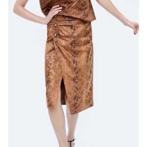ZARA Women's Faux Suede Snakeskin Print Wrap Midi Skirt Brown Camel Size M
